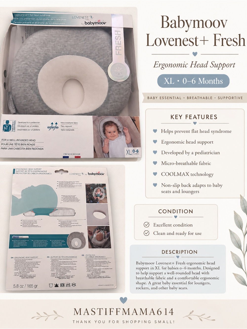 Babymoov Lovenest+ Fresh Ergonomic Head Support Pillow - Gray